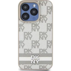 DKNY PU kožený zadný kryt s kockovaným vzorom a pruhmi pre iPhone 13 Pro Max Beige