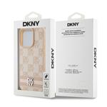 DKNY PU kožený zadný kryt s kockovaným vzorom a pruhmi pre iPhone 13 Pro Max Pink