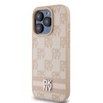 DKNY PU kožený zadný kryt s kockovaným vzorom a pruhmi pre iPhone 13 Pro Pink