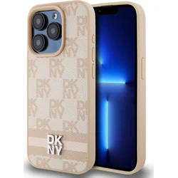 DKNY PU kožený zadný kryt s kockovaným vzorom a pruhmi pre iPhone 13 Pro Pink