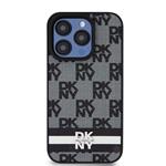 DKNY PU kožený zadný kryt s kockovaným vzorom a pruhmi pre iPhone 14 Pro Black