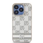 DKNY PU kožený zadný kryt s kockovaným vzorom a pruhmi pre iPhone 14 Pro Max Beige