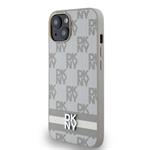 DKNY PU kožený zadný kryt s kockovaným vzorom a pruhmi pre iPhone 15 Beige