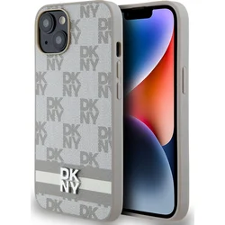 DKNY PU kožený zadný kryt s kockovaným vzorom a pruhmi pre iPhone 15 Beige