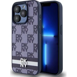 DKNY PU kožený zadný kryt s kockovaným vzorom a pruhmi pre iPhone 15 Pro Blue