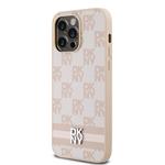 DKNY PU kožený zadný kryt s kockovaným vzorom a pruhmi pre iPhone 15 Pro Max Pink
