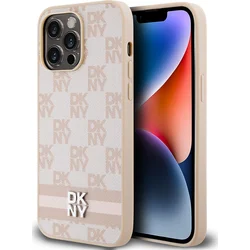 DKNY PU kožený zadný kryt s kockovaným vzorom a pruhmi pre iPhone 15 Pro Max Pink