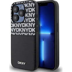 DKNY PU kožený zadný kryt s opakovaným vzorom na kartu pre iPhone 15 Pro Max Black