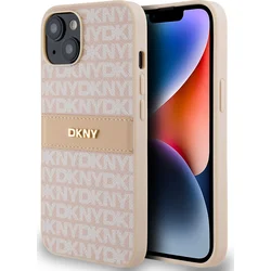 DKNY PU kožený zadný kryt s opakujúcim sa vzorom pre iPhone 14 Pink