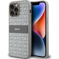 DKNY PU kožený zadný kryt s opakujúcim sa vzorom pre iPhone 14 Pro Beige