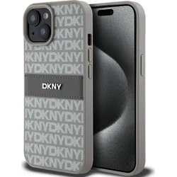 DKNY PU kožený zadný kryt s opakujúcim sa vzorom pre iPhone 15 Beige