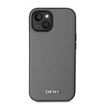 DKNY PU kožený zadný kryt Silver Metal Logo Magsafe pre iPhone 13 Grey