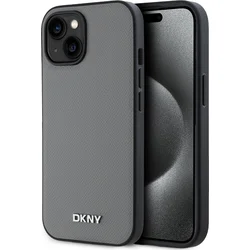 DKNY PU kožený zadný kryt Silver Metal Logo Magsafe pre iPhone 13 Grey
