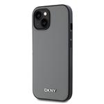 DKNY PU kožený zadný kryt Silver Metal Logo Magsafe pre iPhone 14 Grey