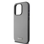 DKNY PU kožený zadný kryt Silver Metal Logo Magsafe pre iPhone 14 Pro Grey