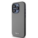 DKNY PU kožený zadný kryt Silver Metal Logo Magsafe pre iPhone 14 Pro Max Grey