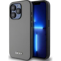 DKNY PU kožený zadný kryt Silver Metal Logo Magsafe pre iPhone 14 Pro Max Grey
