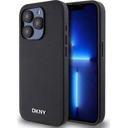 DKNY PU kožený zadný kryt Silver Metal Logo Magsafe pre iPhone 15 Pro Black