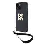 DKNY PU Leather Stack Logo Wrist Strap Zadní Kryt pro iPhone 15 Black