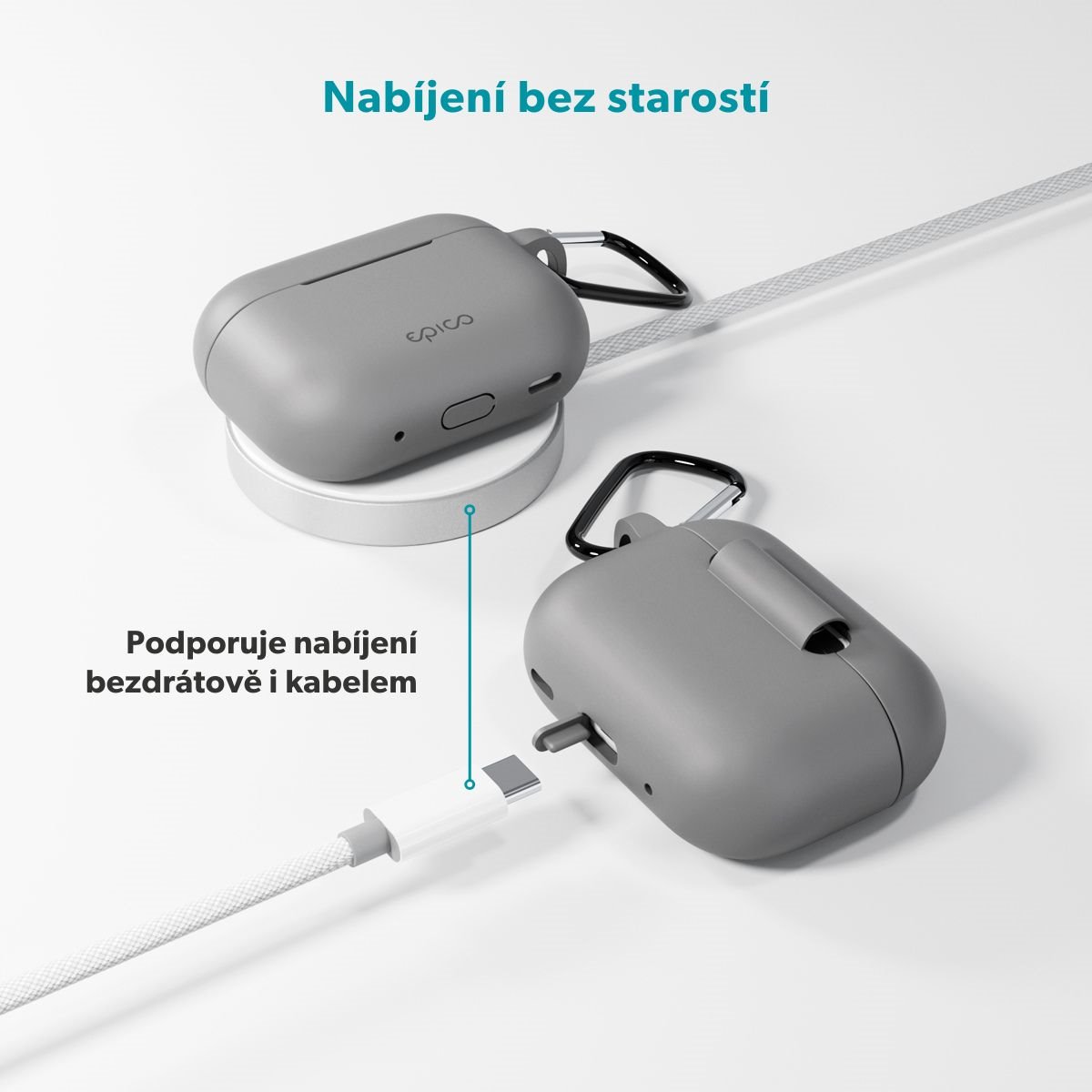 Epico silikonové pouzdro s karabinou | AirPods Pro 3 | šedá | bezpečnostní karabina