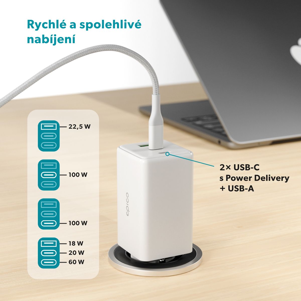 Epico UltraBoost GaN 100W síťová rychlonabíječka EA100 + 1,2m USB-C kabel - bílá