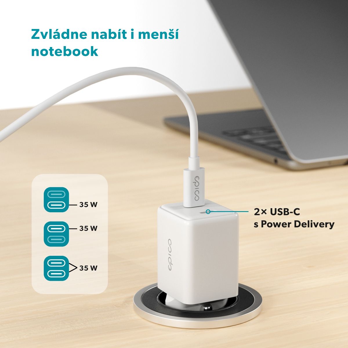 Epico UltraBoost GaN 35W síťová rychlonabíječka EA35 + 1,2m USB-C kabel - bílá