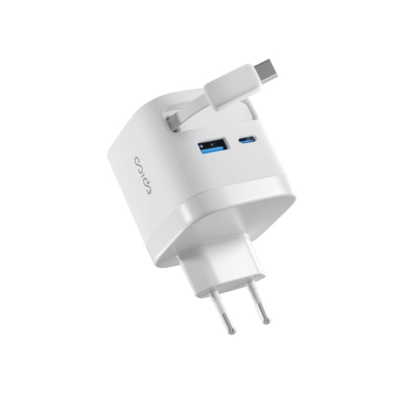 Epico UltraBoost Retractable GaN 65W síťový adaptér EA65c | se zabudovaným kabelem | bílá | tři výstupy