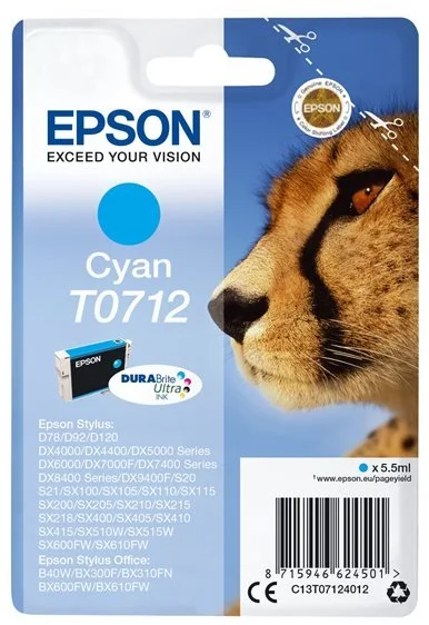 Epson T0712 Cyan 5,5ml pre Stylus D78/DX4000/DX5000/DX6000/DX7000F - originálne C13T07124012