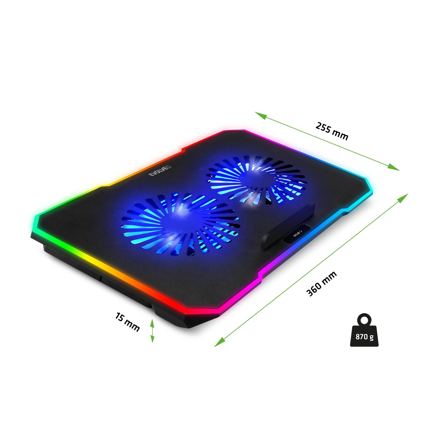 EVOLVEO CoolPro, chladiaca podložka pod notebook, 2 ventilátory, RGB podsvietenie, čierna