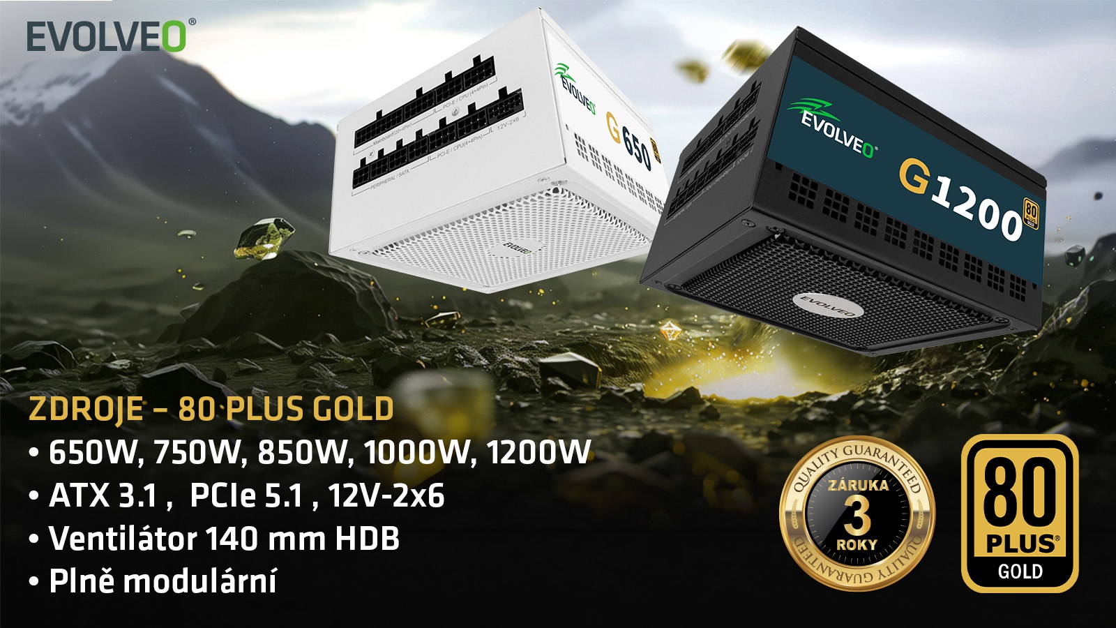 EVOLVEO G650, zdroj 650W, 80+ GOLD, ATX 3.1, PCIe 5.1, Modulární