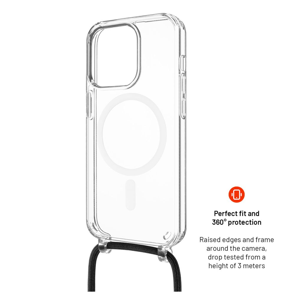 FIXED MagPure puzdro na krk s čiernou šnúrkou pre Apple iPhone 16e