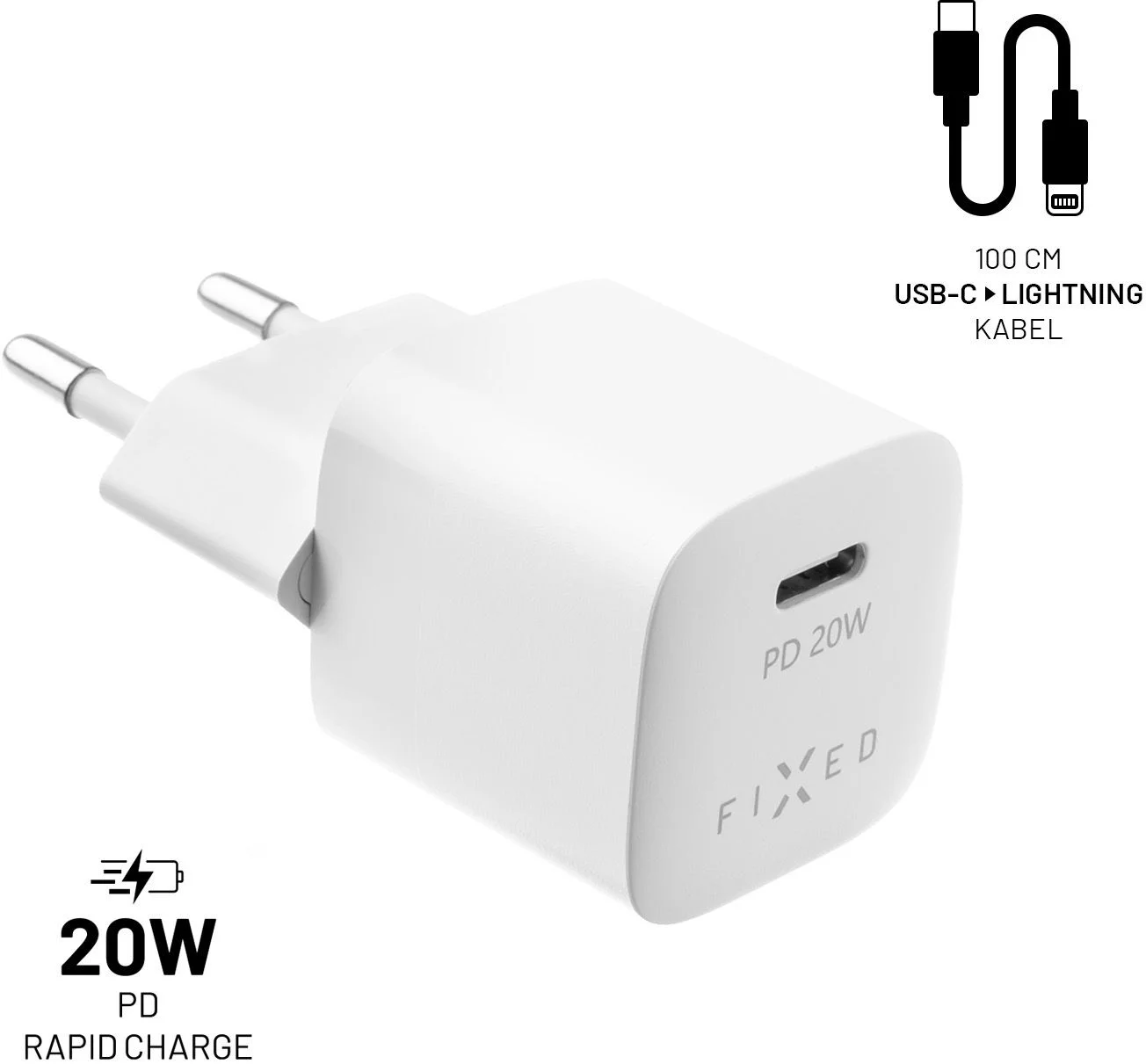 FIXED Mini sieťová nabíjačka s výstupom USB-C a káblom USB-C/Lightning, podpora PD, 1 meter, MFI, 20 W, biela
