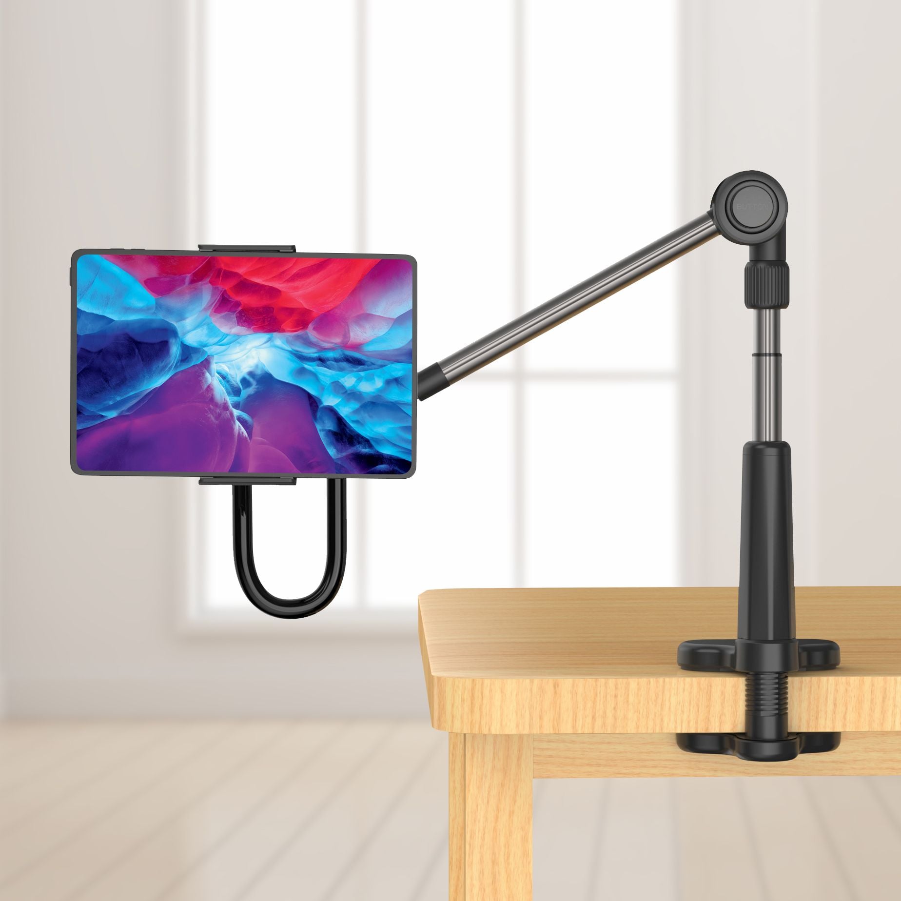 FIXED Relax univerzální držák na tablet/telefon pro upevnění na stůl s otočným a nastavitelným ramenem, černý