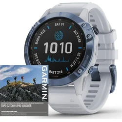 Garmin fenix6 PRO Solar, Titanium Blue/White Band (MAP/Music) 010-02410-93 v balení s TOPO Czech PRO Voucher - kódem pro stažení mapy - Wearables
