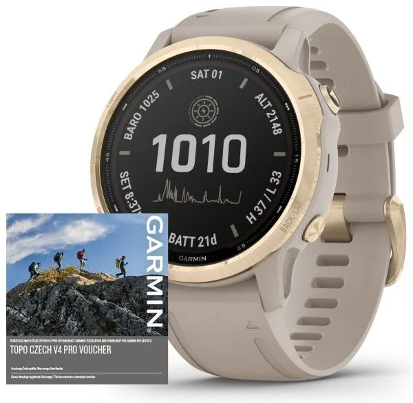 Garmin fenix6S PRO Solar, LightGold/Suede Band (MAP/Music) (01002409