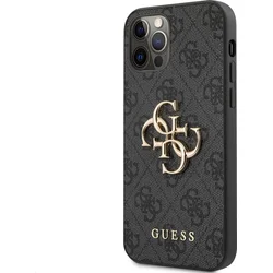 Guess PU 4G Kovový zadný kryt s logom pre iPhone 12/12 Pro Grey