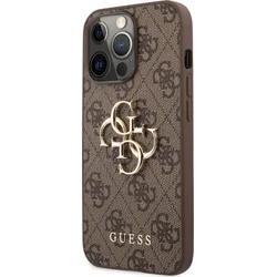 Guess PU 4G Kovový zadný kryt s logom pre iPhone 13 Pro Max Brown