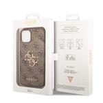 Guess PU 4G Kovový zadný kryt s logom pre iPhone 14 Brown