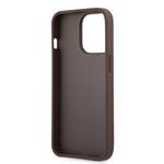 Guess PU 4G Kovový zadný kryt s logom pre iPhone 14 Pro Brown