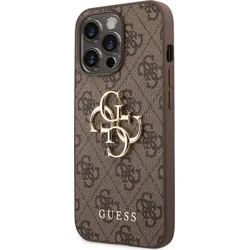 Guess PU 4G Kovový zadný kryt s logom pre iPhone 14 Pro Brown