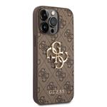 Guess PU 4G Kovový zadný kryt s logom pre iPhone 14 Pro Max Brown