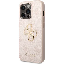 Guess PU 4G Kovový zadný kryt s logom pre iPhone 14 Pro Max Pink