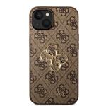 Guess PU 4G Kovový zadný kryt s logom pre iPhone 15 Brown