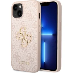 Guess PU 4G Kovový zadný kryt s logom pre iPhone 15 Pink