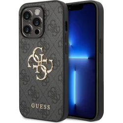 Guess PU 4G Kovový zadný kryt s logom pre iPhone 15 Pro Max Grey
