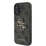 Guess PU 4G Kovový zadný kryt s logom pre iPhone 16 Brown