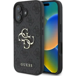 Guess PU 4G Kovový zadný kryt s logom pre iPhone 16 Plus Grey