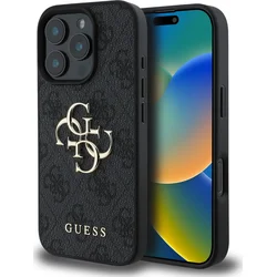 Guess PU 4G Kovový zadný kryt s logom pre iPhone 16 Pro Max Grey