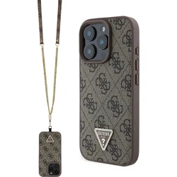 Guess PU 4G štrasový trojuholník s kovovým logom Zadný kryt + popruh pre iPhone 16 Pro Brown