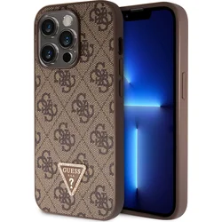 Guess PU 4G štrasový trojuholník s kovovým logom Zadný kryt pre iPhone 15 Pro Brown